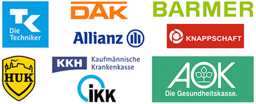 Deutsche Krankenkassen Logos: Techniker, DAK, Barmer, Allianz, Knappschaft, HUK, KKH, IKK, AOK