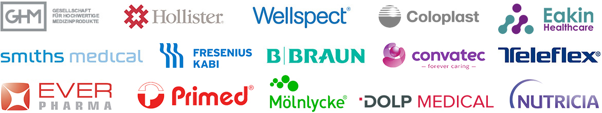 Homecare-Markenlogos Hollister, Wellspect, Coloplast, Eakin Healthcare, Smiths Medical, Fresenius Kabi, B. Braun, Convatec, Teleflex, Ever Pharma, Primed, Mölnlycke, Dolp Medical, Nutricia